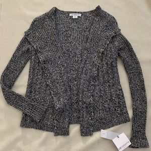 Liz Claiborne Black White Open Knit Cardigan rib cable Sweater PS marled tweed